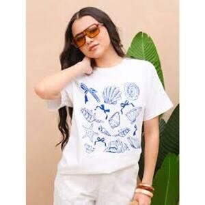 Gildan Seashell Graphic T-Shirt White Blue Coastal Print Size Large